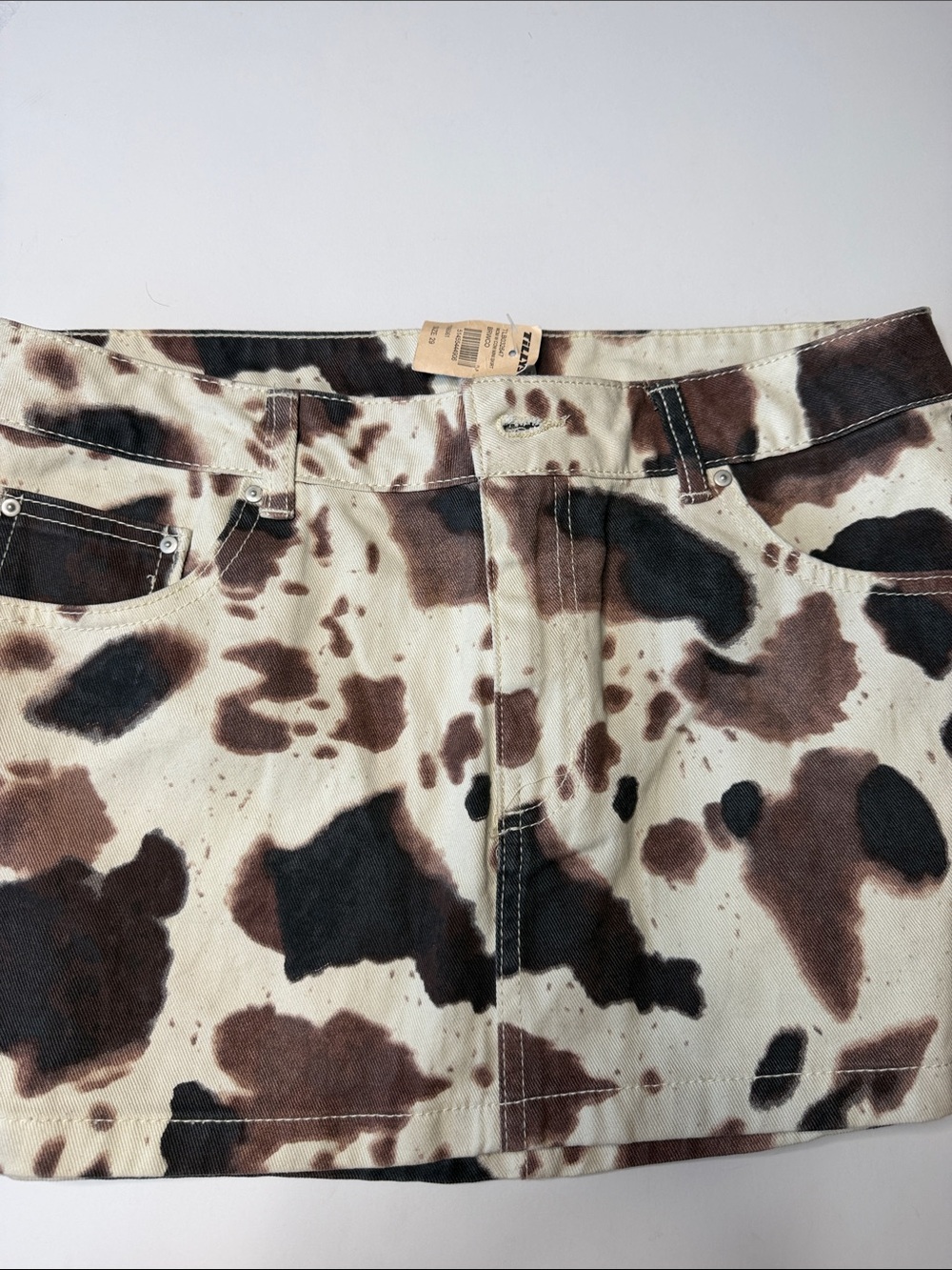 NWT West of Melrose Cow Print Denim Mini Skirt Brown White Size 29